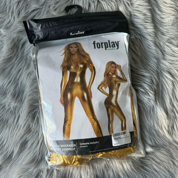 Forplay Women's Metallic Gold  Zip Front Mock Neck Catsuit - Picture 6 of 7
